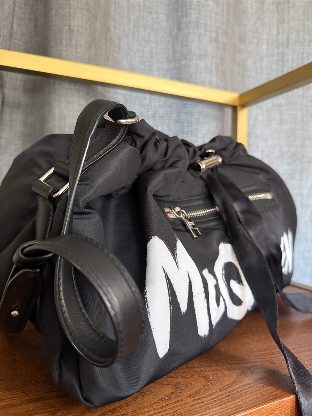 S Alexander McQueen Black Graffiti Logo Drawstring Duffel - Picture 13 of 15